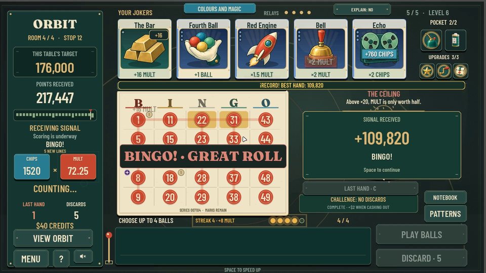 In-game screenshot: BINGO! · GREAT ROLL