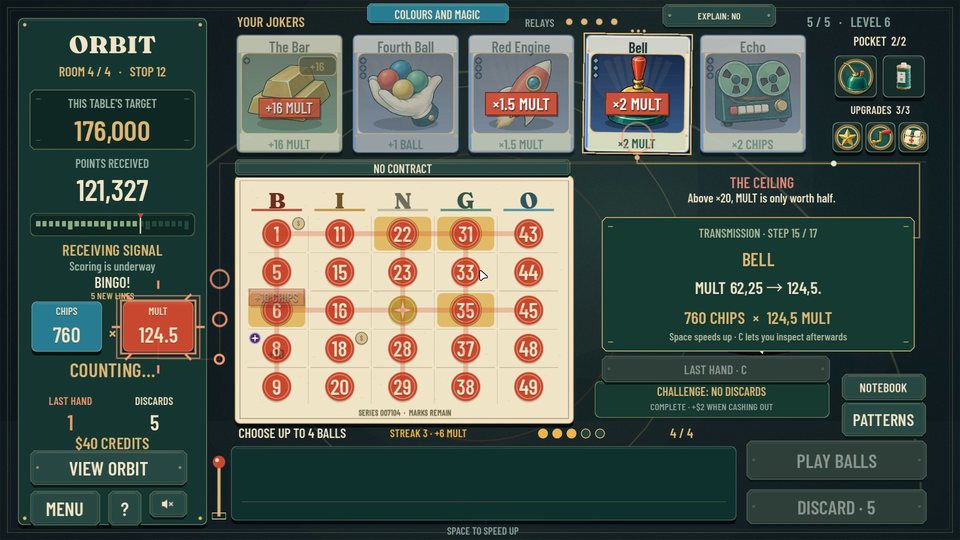 The Bell joker doubles MULT: 760 CHIPS × 124.5 MULT.