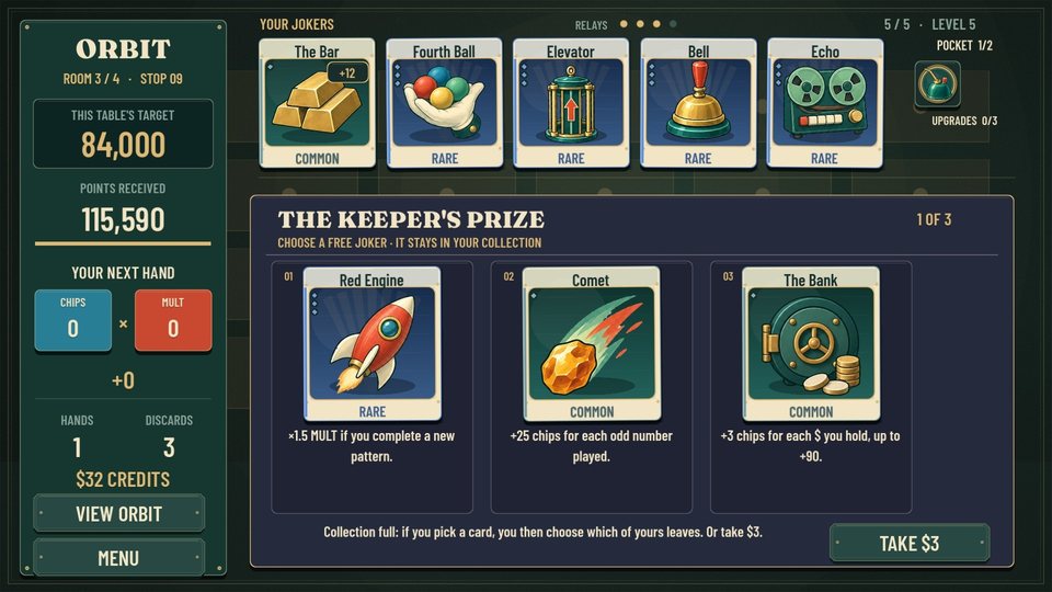 The Keeper's Prize: choose one free joker out of three.